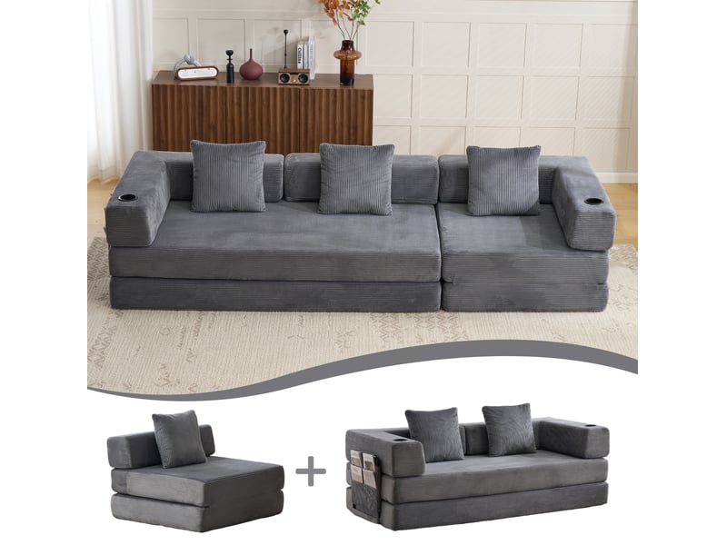  Canapé convertible 277.5x92.5x60 cm 3 places avec porte-gobelets et poches latérales — gris foncé sans matelas  - Conforama C