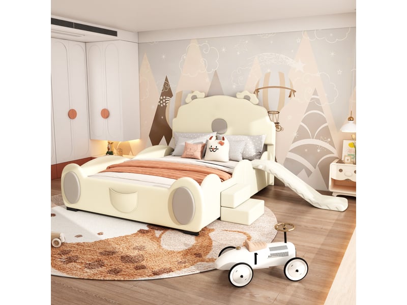  Lit enfant 140 x 200 cm, motif ours, avec toboggan et échelle, en polyuréthane beige, facile à nettoyer, forme adorable.  - Conforama E