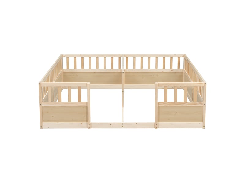  Lit au sol double en pin, 2 x 90 x 200 cm, avec barrières de sécurité hautes semi-fermées et ouverture d'accès, finition naturelle  - Conforama A