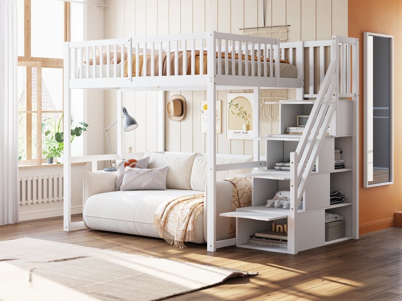  Lit mezzanine 140x200 cm avec échelle de rangement, cadre de lit adulte en pin avec sommier à lattes, lit double, blanc  - Conforama E