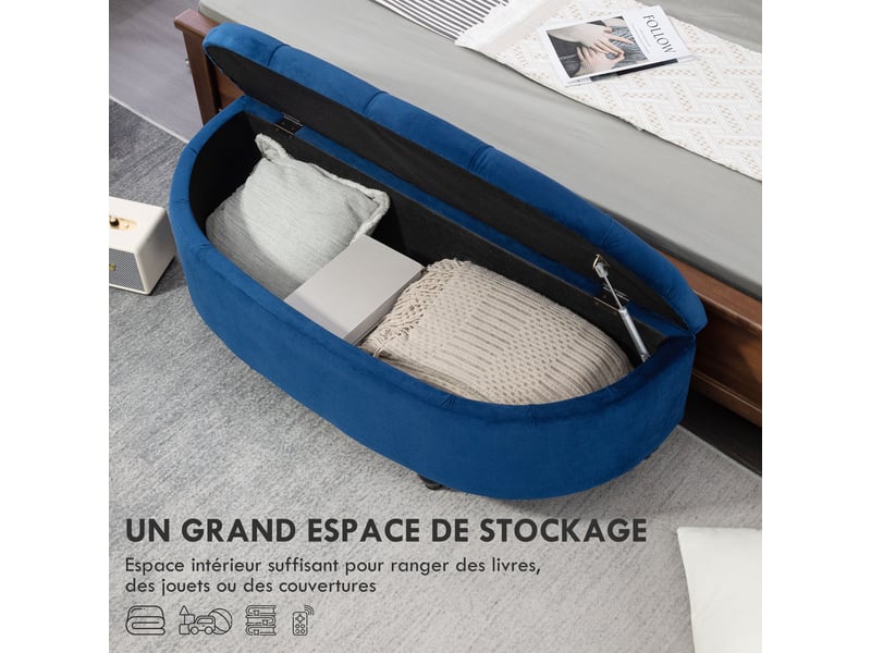  Pouf de rangement coffre 2 en 1 - pieds bois hévéa noir revêtement velours bleu - pouf capitonné demi-cercle  - Conforama D