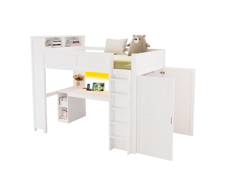  Lit mezzanine 90x200 avec bureau, rangements, armoire, port usb et éclairage led, mdf pin contreplaqué, blanc sans matelas  - Conforama A