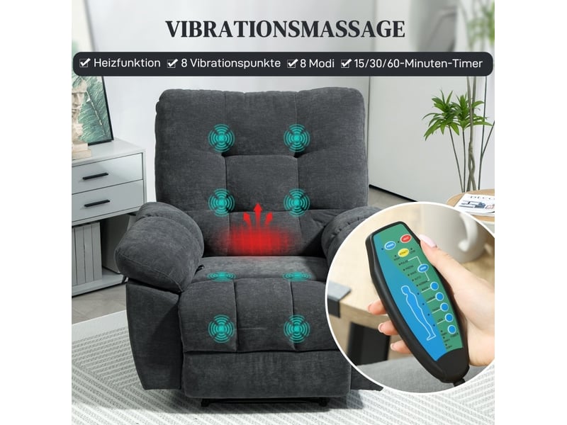  Fauteuil relax massant 100x102x107 cm inclinable 150° 8 points de vibration gris foncé  - Conforama B
