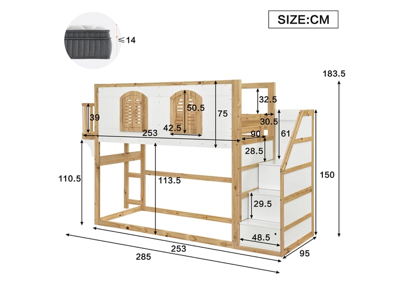  Modenvie lit mezzanine enfant 90x200 cm - avec escalier de rangement, espace de jeu - sans matelas - bicolore  - Conforama C