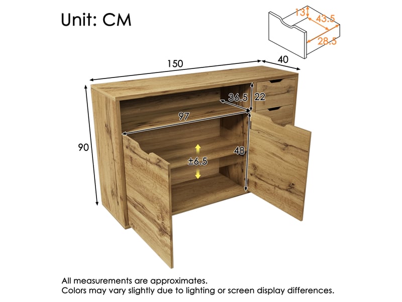 Buffet haut 150 x 40 x 90 cm aspect chêne, 2 portes, 4 tiroirs et niche ouverte - Conforama E
