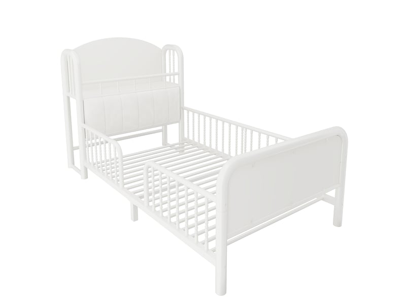 Lit simple 90x200 cm - lit enfant avec barrière de sécurité - tête de lit rembourrée avec rangement et led - blanc - Conforama R