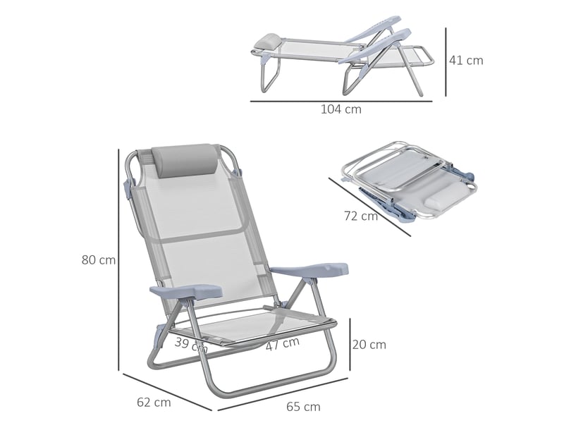  Lot de 2 chaises de camping pliantes et inclinables à 6 positions, en aluminium et mousse, 62 x 65 x 80 cm, gris clair  - Conforama D