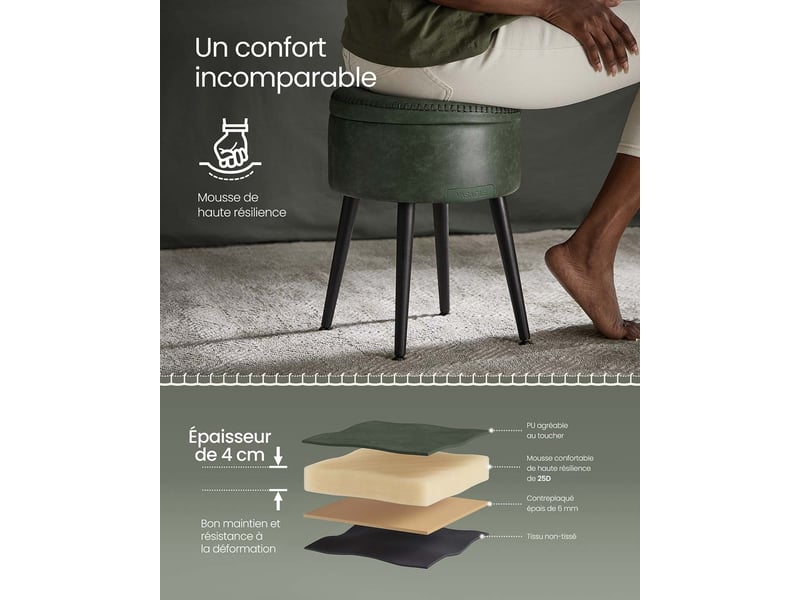  Pouf de rangement tabouret de coiffeuse pu avec coutures moderne mi-siècle tabouret de rangement rond avec pieds en acier capacité 150 kg vert 12_0005358  - Conforama B