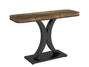 Console d'entrée industrielle avec plateau effet bois et piètement géométrique, en métal et bois, pour salon