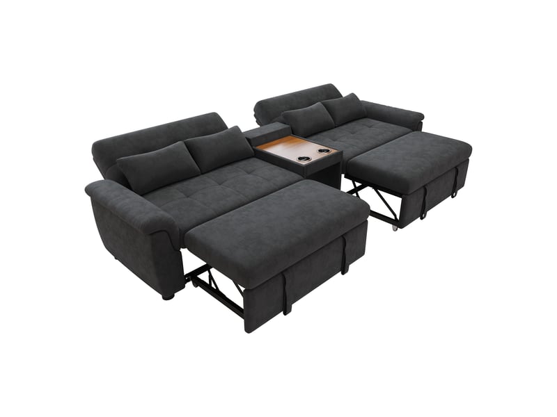  Canapé-lit u corda, gris foncé, 284x138x89 cm, convertible, dossier réglable, table avec 2 porte-gobelets, 4 coussins, chenille  - Conforama D