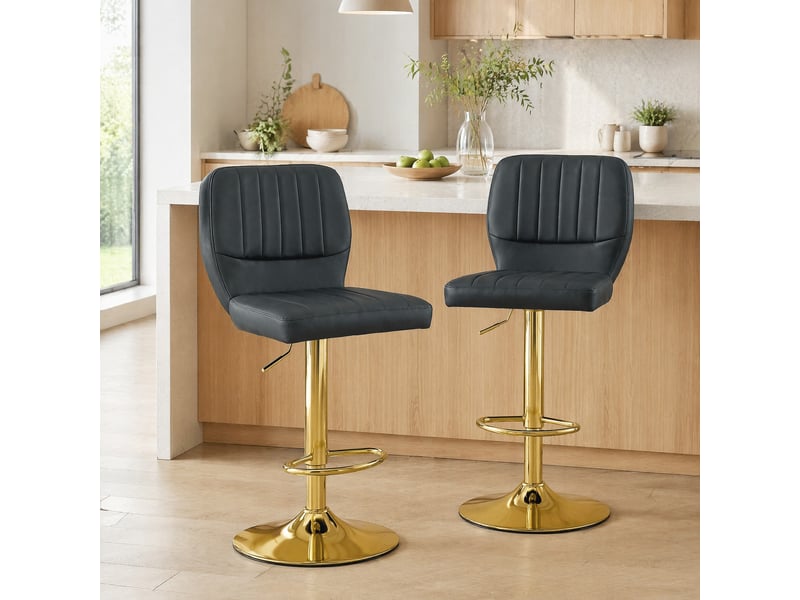  Tabouret de bar lot de 2 réglable 62-83 cm, pivotant avec dossier et repose-pieds, en pu noir et métal doré  - Conforama C