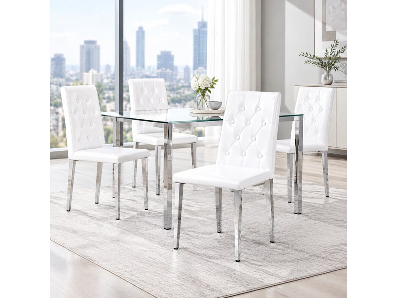  Chaise de salle à manger lot de 4, dossier capitonné  - assise rembourrée, pu blanc et métal argenté  - Conforama C