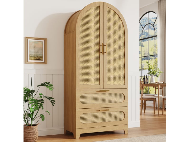 Buffet de cuisine haut avec étagères, 2 portes et 2 tiroirs, façades aspect rotin en pvc, 80 × 40 × 175 cm - Conforama B