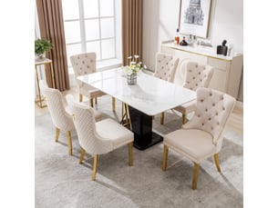 Lot de 6 chaises de salle à manger 65.5x51x95 cm, dossier doux, anneau décoratif arrière, velours, métal, beige, doré