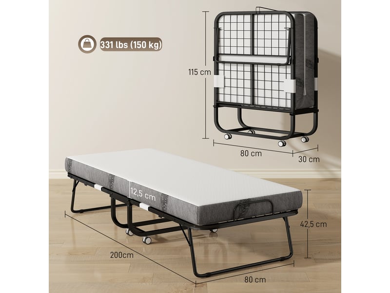  Lit pliant 1 personne 200 x 80 cm avec matelas, lit d'appoint pliable et portable sur roulettes, cadre en acier, blanc  - Conforama E