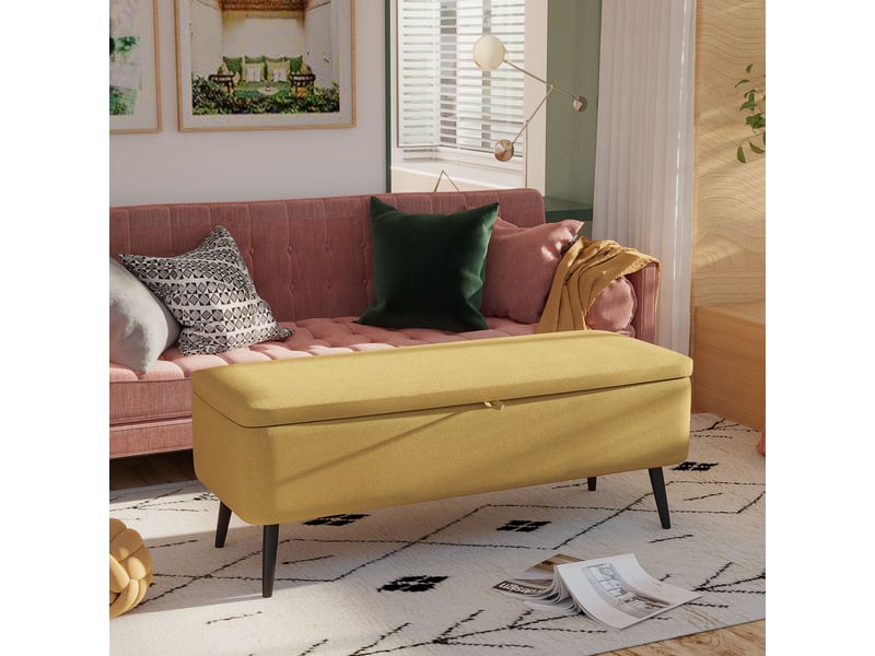  Banc rembourré avec coffre de rangement en tissu aspect lin jaune mesurant 101 cm de large 38,5 cm de profondeur et 44,5 cm de hauteur pour une charge maximale de 150 kg  - Conforama B