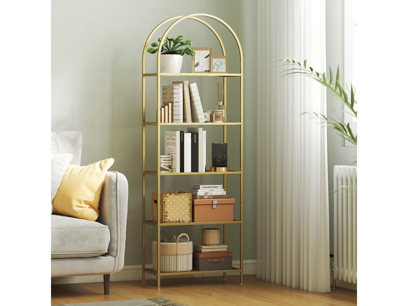  Bibliothèque étagère de rangement en verre à 5 niveaux arqué pour salon, bureau, chambre, 60 x 30 x 175 cm, doré  - Conforama D