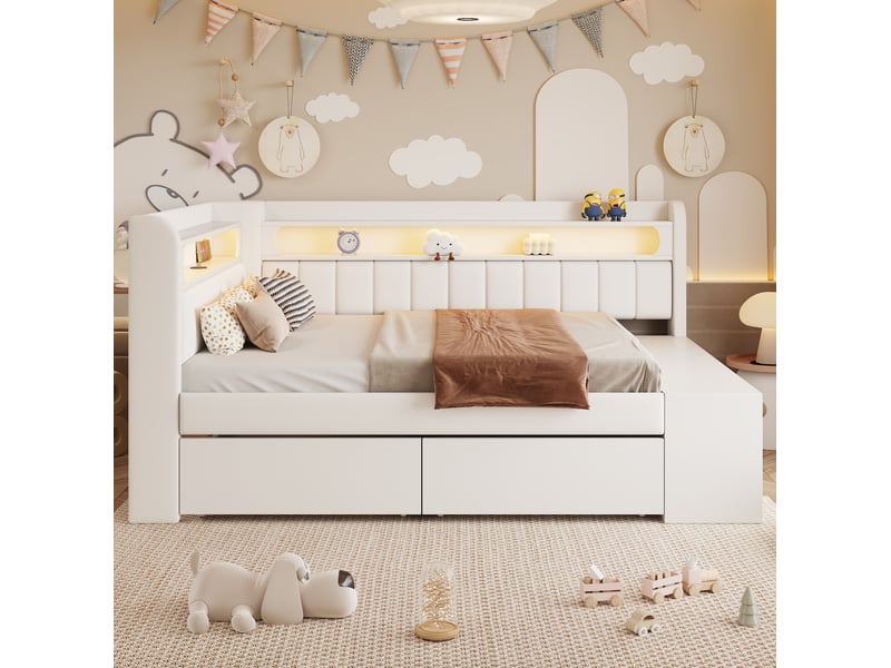 Modenvie lit banquette 90x200 cm - avec led, ports usb et 2 tiroirs - avec meuble à chaussures - blanc  - Conforama D