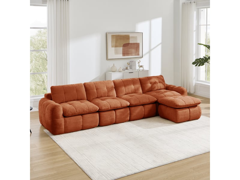  Canapé d’angle modulable 4 places en chenille orange – 334 x 160 x 68 cm Fay Lum - Conforama D