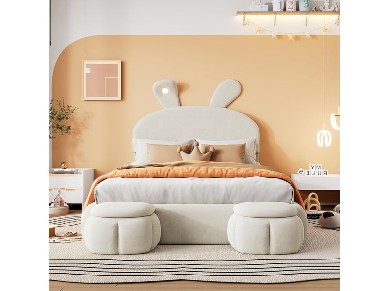  Lit double coffre 140x200 cm à vérins velours beige oreilles de lapin led veilleuse et 2 poufs  - Conforama C