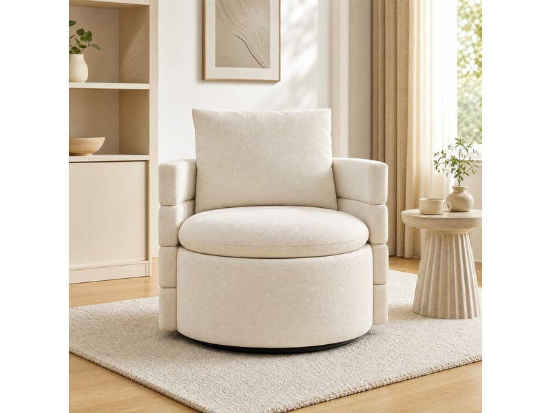  Fauteuil pivotant 360° avec rangement caché en tissu chenille ivoire 72 x 66,5 x 76 cm  - Conforama D