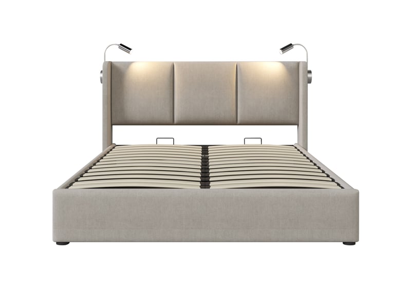  Lit double coffre 160 x 200 cm beige en lin avec éclairage de lecture usb et sommier à lattes  - Conforama A