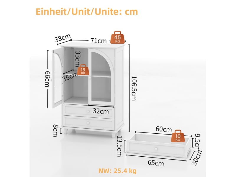  Buffet haut 71x38x106,5 cm avec 2 portes en verre trempé et 2 tiroirs en mdf couleur blanc, design simple  - Conforama C