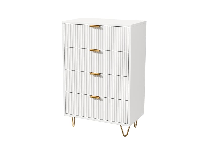  Commode chambre, commode blanche 60 cm, 4 tiroirs, meuble de rangement avec façades texturées et pieds dorés, style moderne, blanc  - Conforama A
