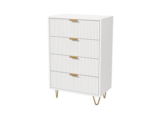 Commode chambre, commode blanche 60 cm, 4 tiroirs, meuble de rangement avec façades texturées et pieds dorés, style moderne, blanc