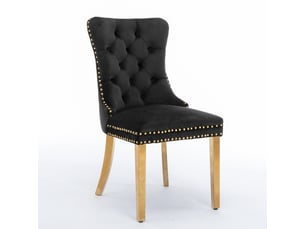 Lot de 2 chaises de salle à manger en velours noir, dossier haut capitonné, clous décoratifs, pieds finition dorée, structure en bois massif