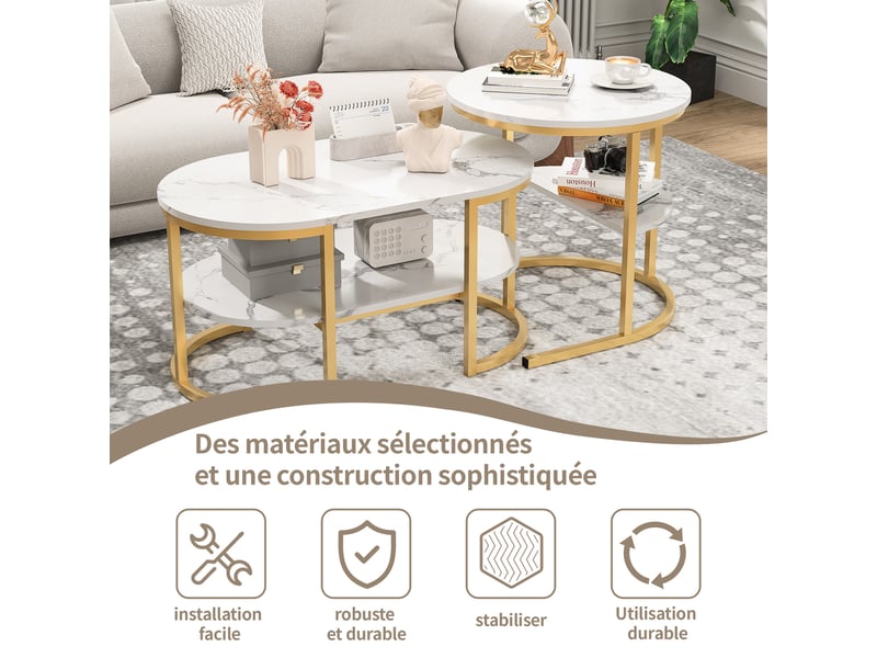 Table basse ronde gigogne 2 niveaux avec rangement, pour salon, plateau effet marbre en mdf, structure en métal doré - Conforama R