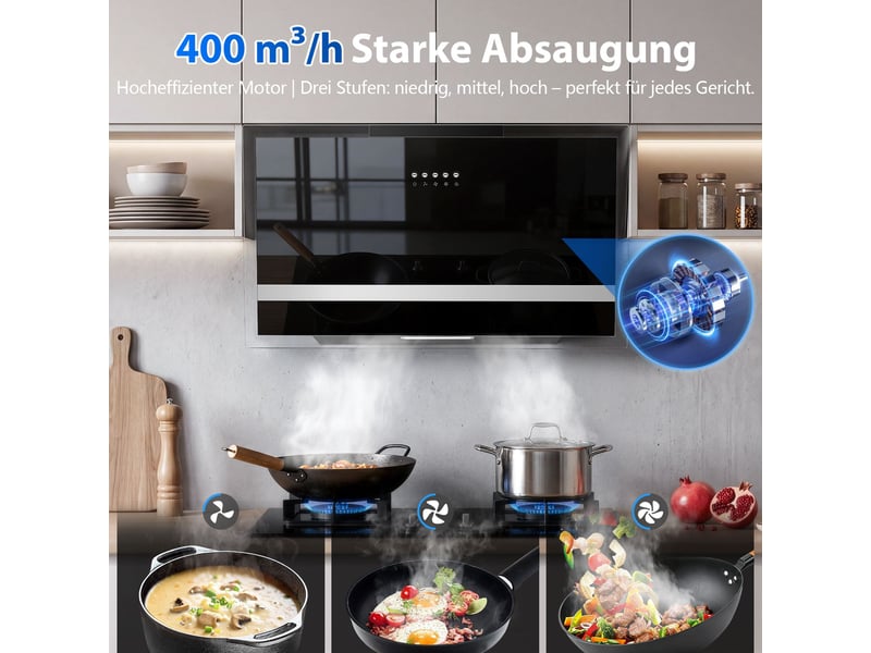  Hotte aspirante 60 cm, hotte de cuisine 400 m³h, évacuation ou recyclage, moteur sans balais, éclairage led, finition noire mate  - Conforama D
