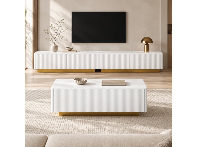  Ensemble meuble tv et table basse 2 pièces, façades rainurées, rangement, blanc et doré  - Conforama B