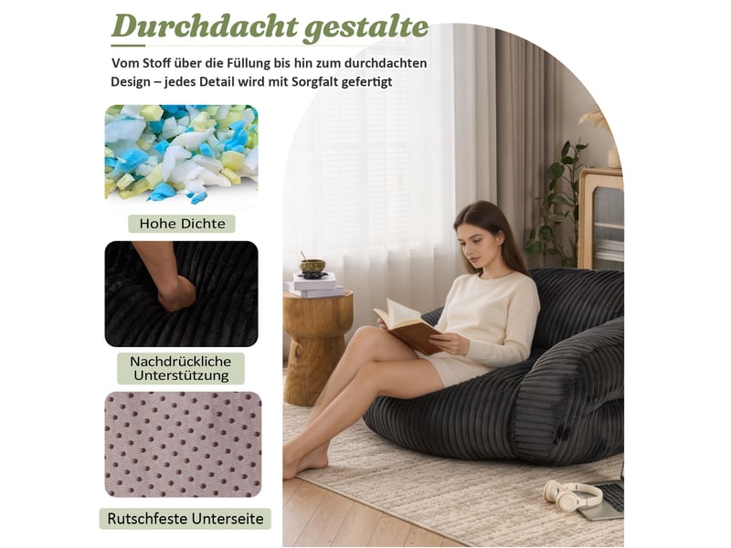 Fauteuil pouf adulte avec dossier enveloppant et assise moelleuse, sans montage, en velours côtelé gris foncé - Conforama D