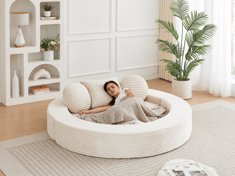  Canapé convertible 4-en-1 en velours côtelé, méridienne et lit de jour rond, 1 place, 3 coussins, beige, design moderne  - Conforama B