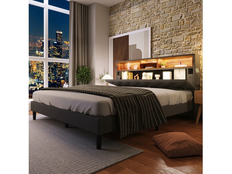  Modenvie lit avec tete de lit de rangement 140x200 cm - led, sommier en bois massif - gris  - Conforama E