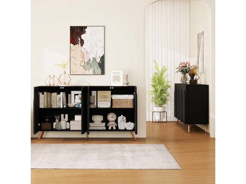  Buffet noir style mid-century avec portes arquées, 150 cm, pieds en métal doré  - Conforama B