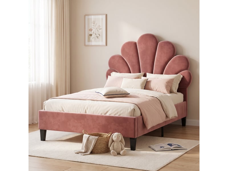  Lit enfant 90x200 cm, lit simple capitonné princesse avec tête de lit coquillage réglable, sommier, tissu velours rouge  - Conforama D