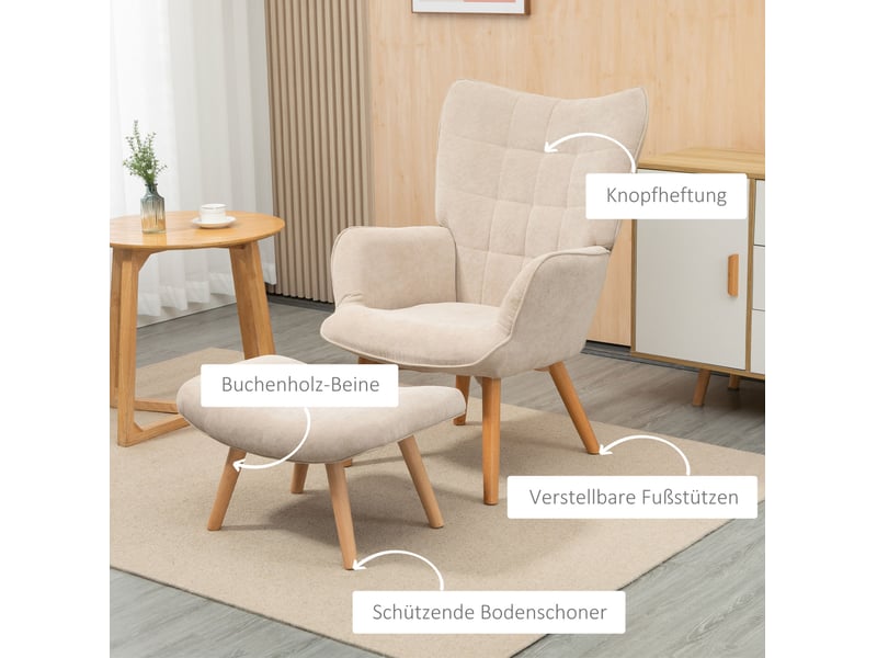  Fauteuil à oreilles beige 72x80x101 cm avec repose-pieds en velours côtelé  - Conforama E