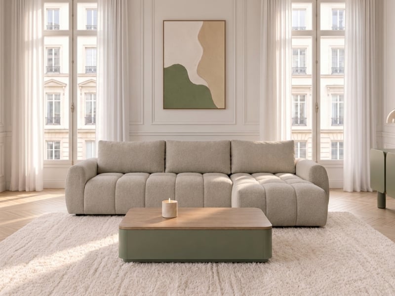  Bobochic canapé d'angle réversible convertible coffre fuji ouverture express tissu chiné beige  réversible FUJI - Conforama C