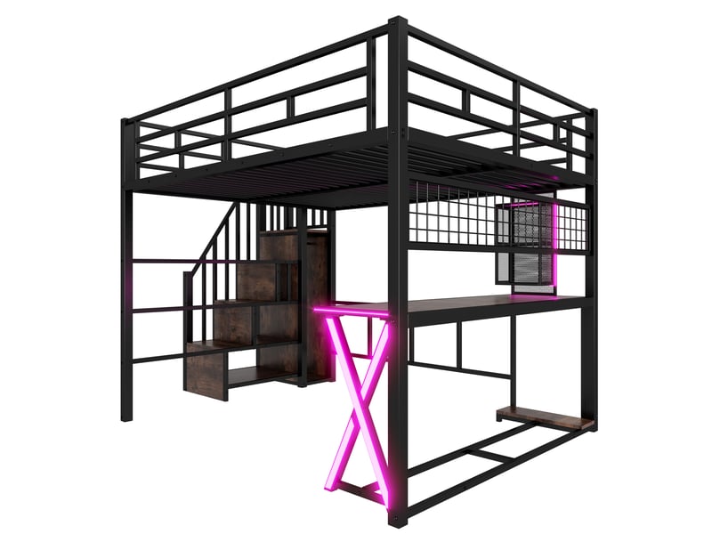  Lit mezzanine modenvie 160 x 200 cm avec bureau, armoire, étagères et échelle de rangement, éclairage led, métal et mdf, noir, sans matelas  - Conforama A