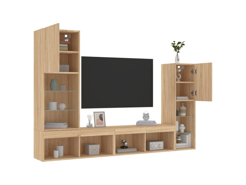 Meuble tv - unités murales tv avec led 4 pcs chêne sonoma bois d'ingénierie - Conforama E