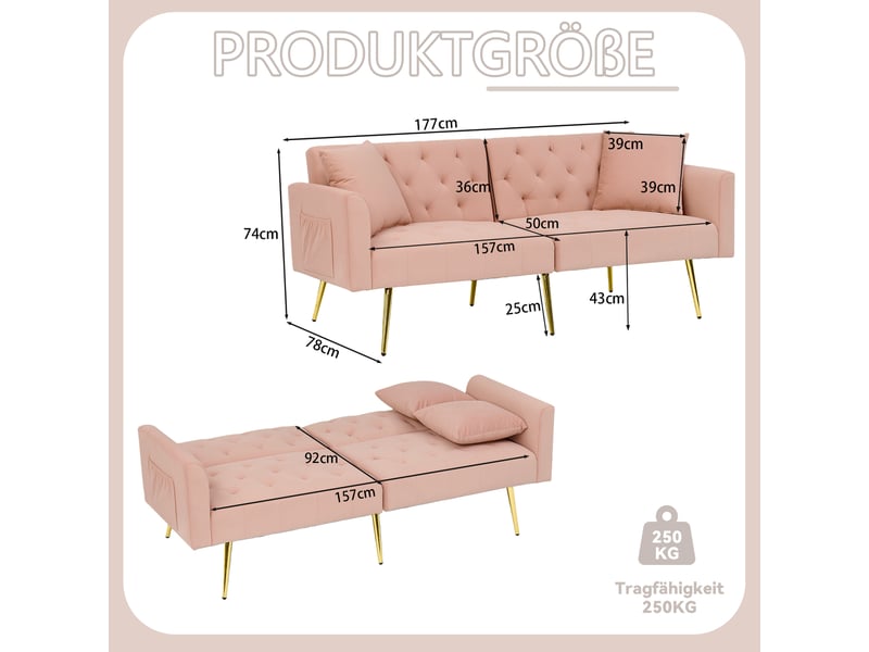 Canapé 2 places inclinable avec dossier réglable - 3 positions, coussins inclus, velours - rose - Conforama D