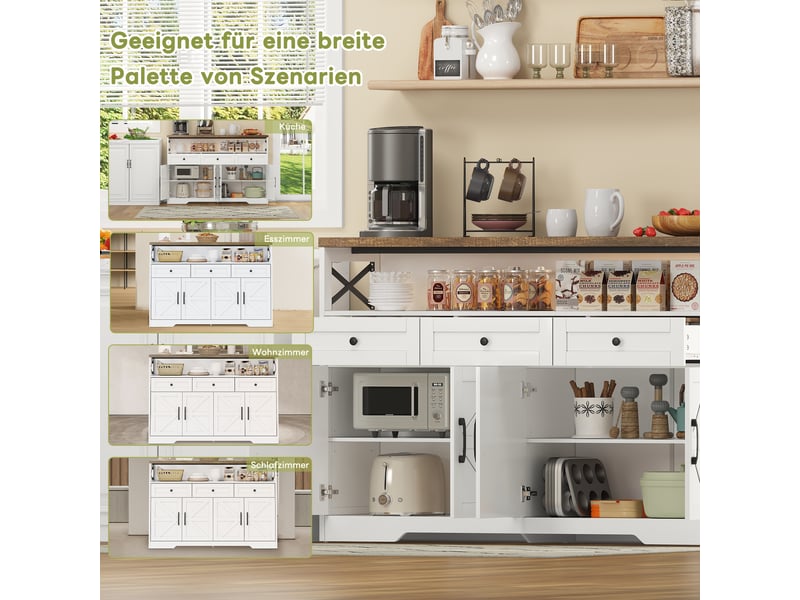  Buffet rustique blanc et marron 140x95cm, meuble de rangement cuisine avec 3 tiroirs et 2 portes, style campagne moderne  - Conforama W