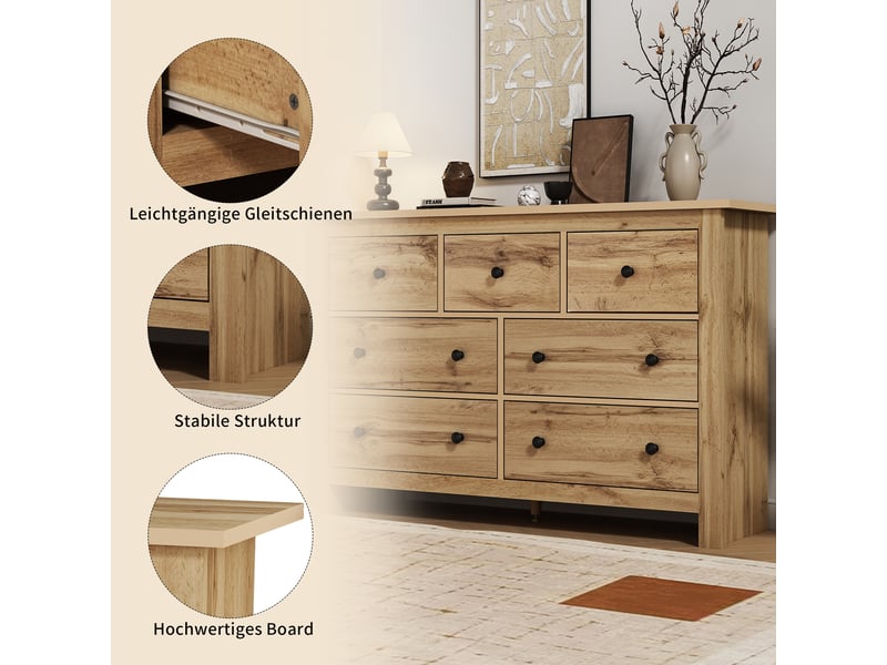  Buffet 7 tiroirs meuble bas 152x40x89 cm grande capacité rangement cuisine salle à manger entrée design moderne minimaliste couleur bois naturel  - Conforama E