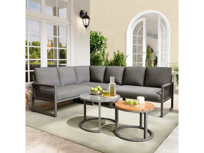  Salon de jardin,123x68x86 cm,6-7 places avec 2 tables,métal et polyester,gris  - Conforama B