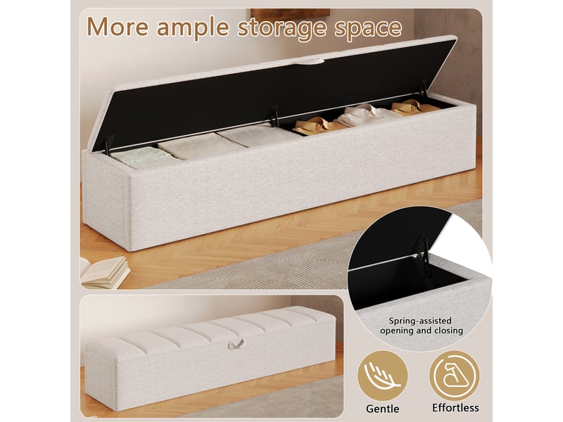  Banc coffre rembourré, 163 × 32 × 36 cm, blanc, velours, rangement intégré, assise relevable, mobile, barrière ouvrante  - Conforama D