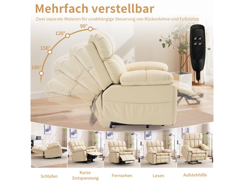 Fauteuil relax électrique deux moteurs beige, releveur, massage 8 points et chauffage lombaire pour salon - Conforama E