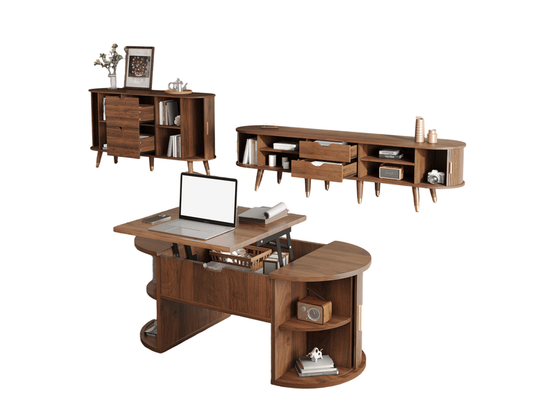  Ensemble salon 3 pièces noyer avec table basse relevable, meuble tv et buffet  - Conforama A