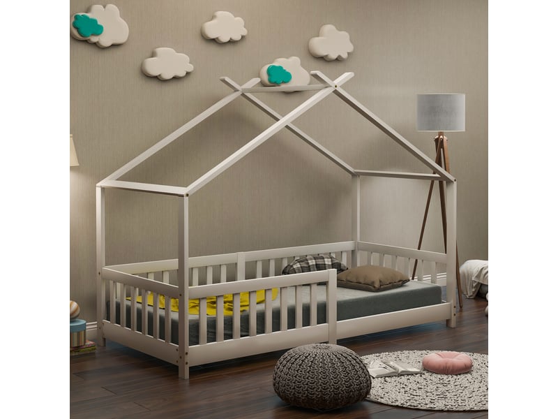  Lit enfant 90x200cm, lit 1 place, lit cabane avec barrière et sommier, lit maison, pin blanc, sans matelas  - Conforama B